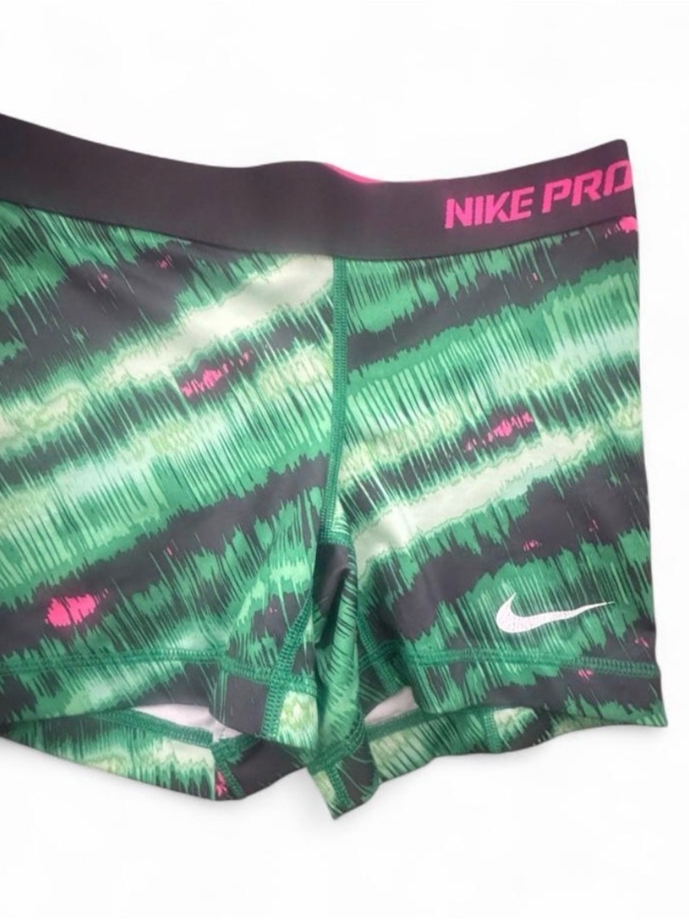 Nike Pro Women's Green Patterned Athletic Shorts with Pink Accents